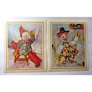 Set Of 2 Art Print Lithographs By Michele Circus Clowns Stool Balloons Retro Mod